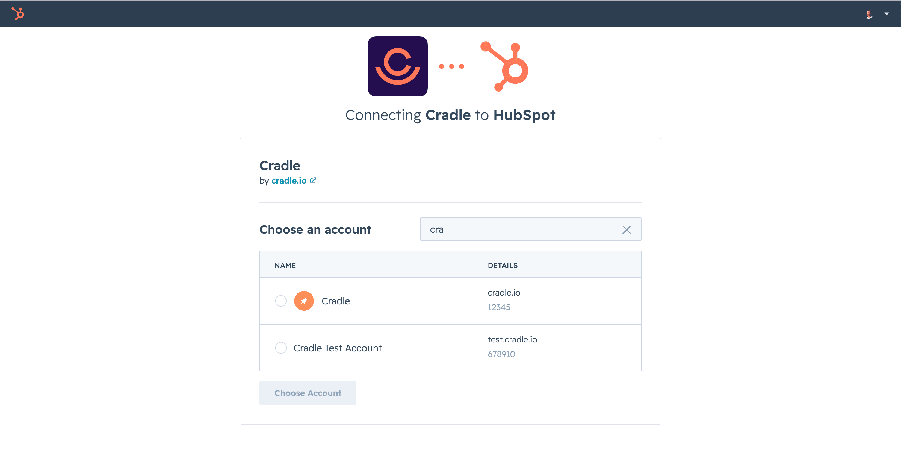 Choose the HubSpot account to connect