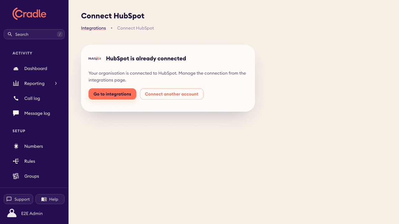 The connect page when HubSpot is already connected