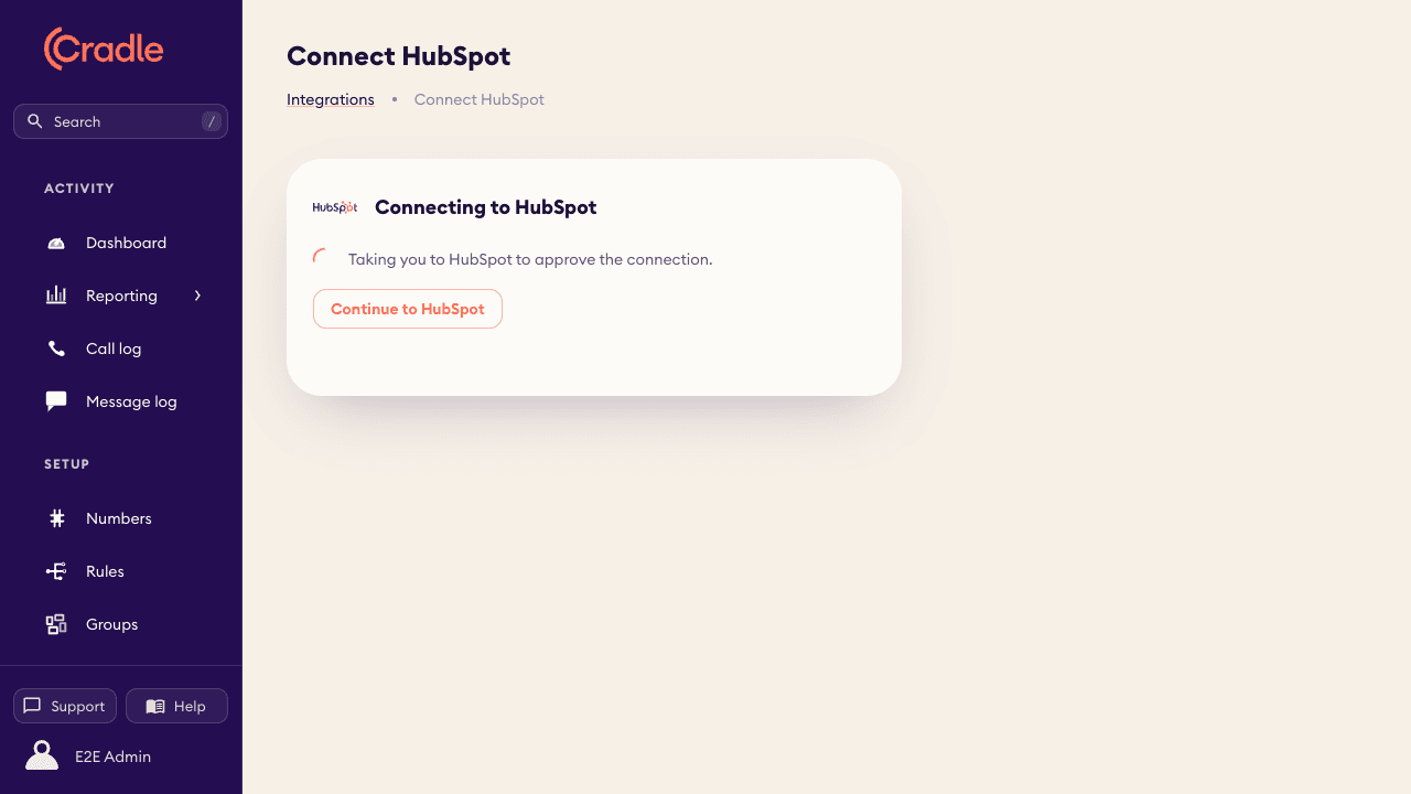 Cradle taking you to HubSpot to approve the connection