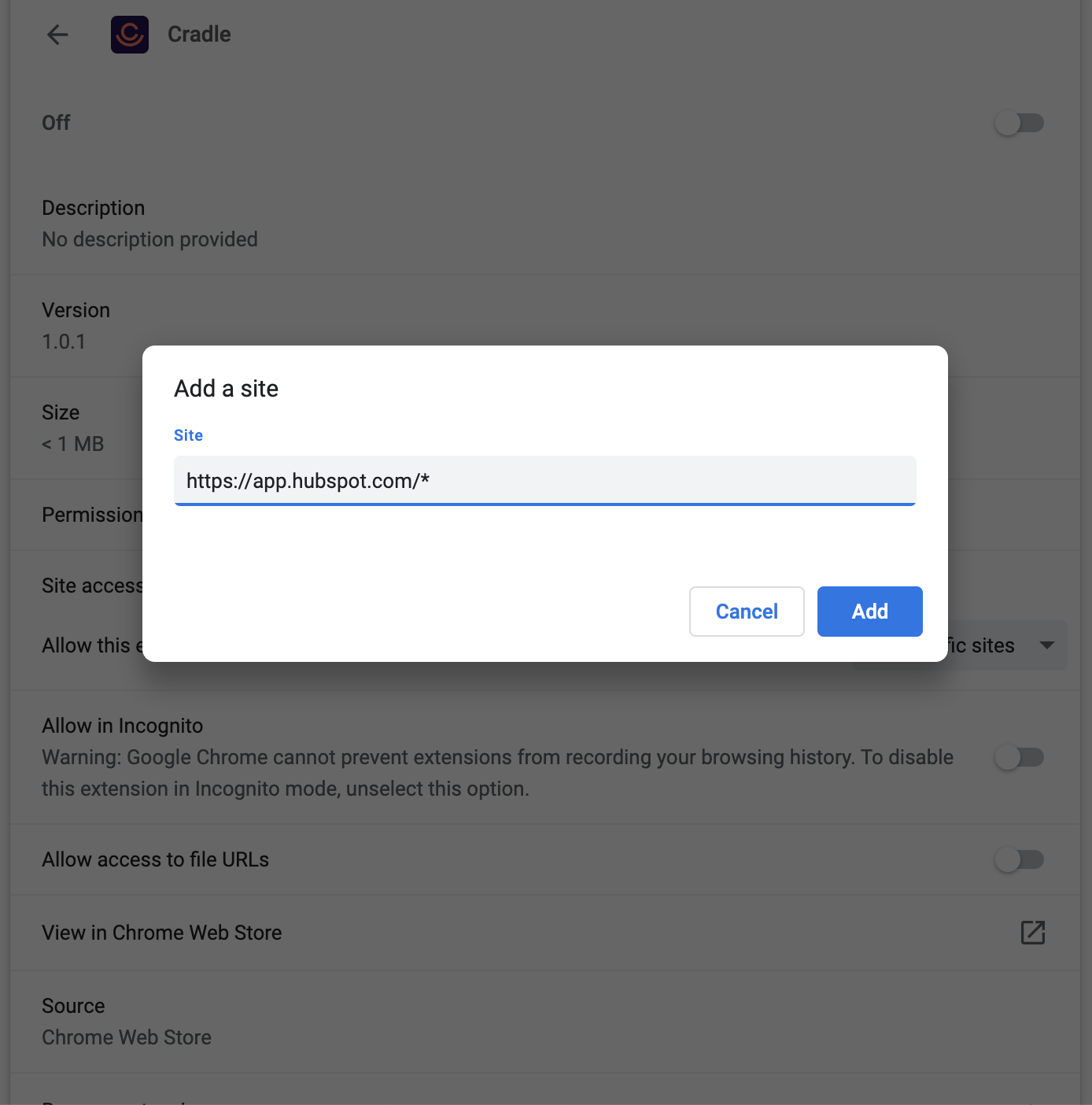 Restrict the extension to specific sites