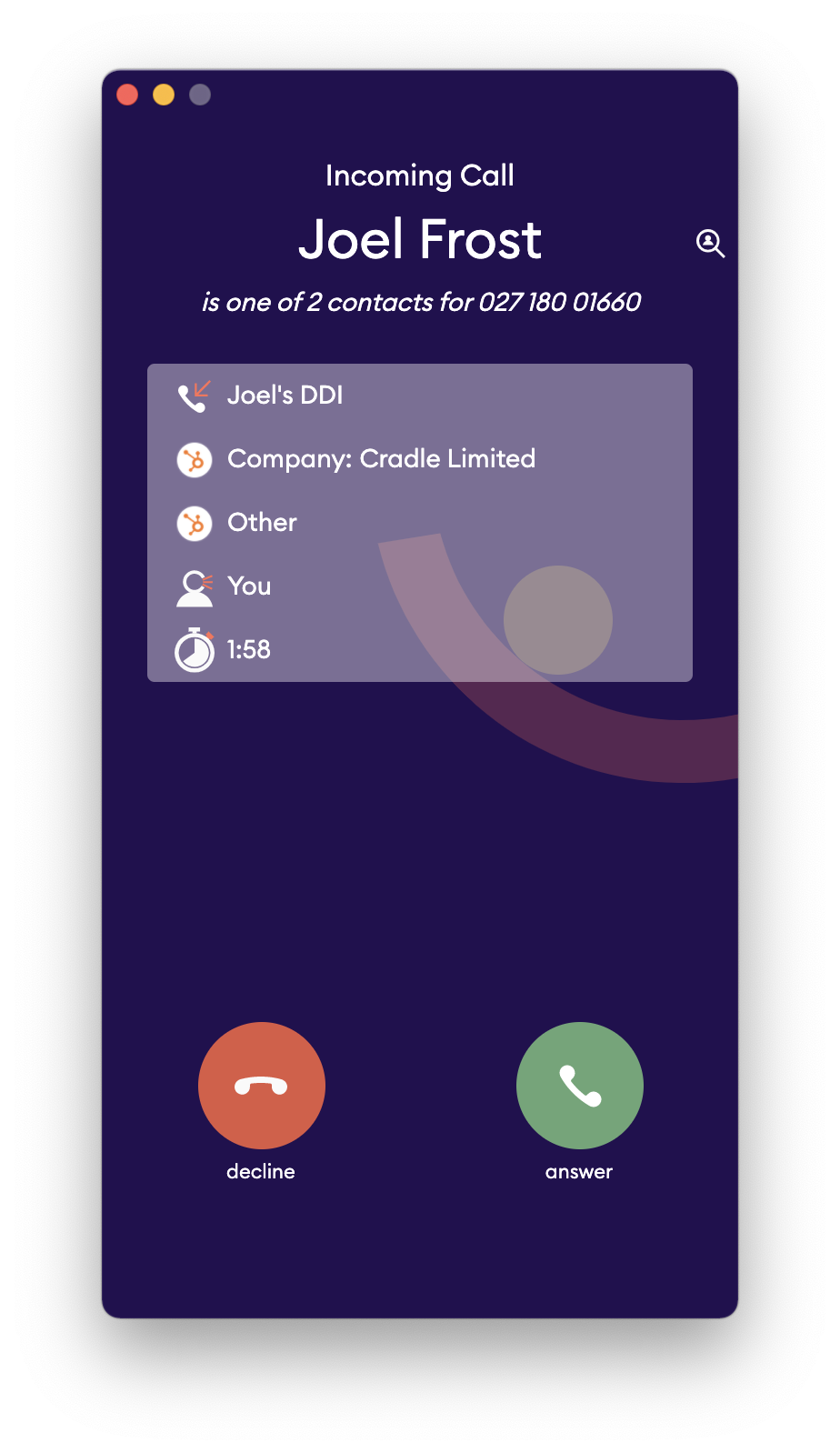 Inbound call with HubSpot context