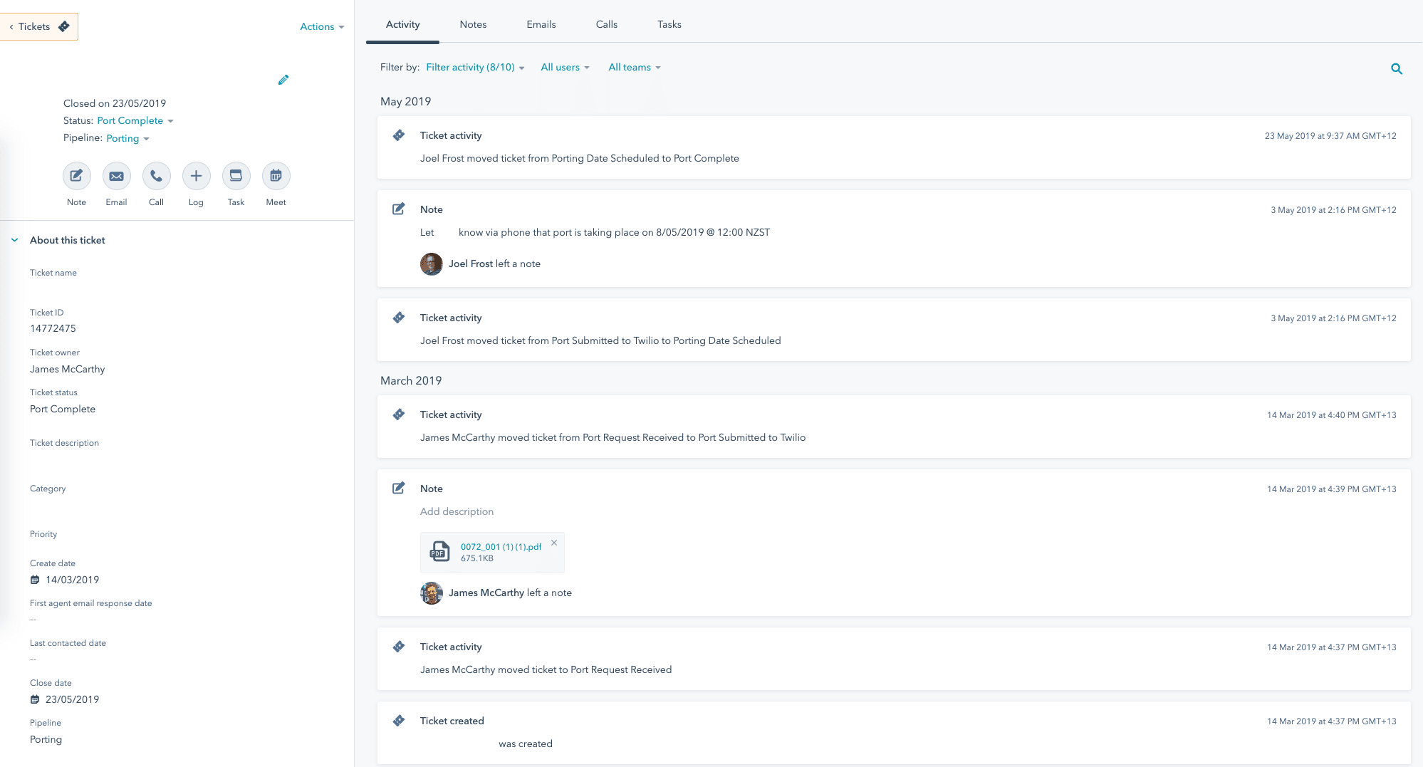 An example of Ticket History timelines in HubSpot Service Hub